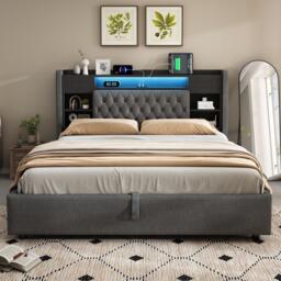 6ft Super King Upholstered Bed with Hydraulic Storage, Stylish Modern Bed Frame with Ambient LED Lighting, 223L x 188W x 115H cm, Grey - Aosom UK