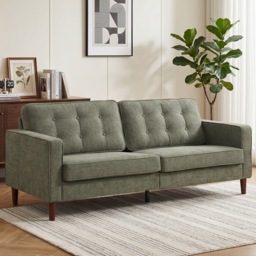 HOMCOM 3 Seater Sofa Button Tufted Upholstered Velvet Couch with Wood Legs for Living Room, Green - thumbnail 2