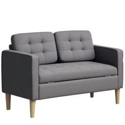 HOMCOM Modern 2 Seater Sofa with Hidden Storage, 117cm Tufted Cotton Couch, Compact Loveseat Sofa with Wood Legs, Grey