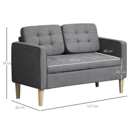 HOMCOM Modern 2 Seater Sofa with Hidden Storage, 117cm Tufted Cotton Couch, Compact Loveseat Sofa with Wood Legs, Grey - thumbnail 3