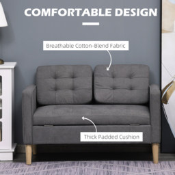HOMCOM Modern 2 Seater Sofa with Hidden Storage, 117cm Tufted Cotton Couch, Compact Loveseat Sofa with Wood Legs, Grey - thumbnail 5