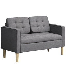 HOMCOM Modern 2 Seater Sofa with Hidden Storage, 117cm Tufted Cotton Couch, Compact Loveseat Sofa with Wood Legs, Grey - thumbnail 1