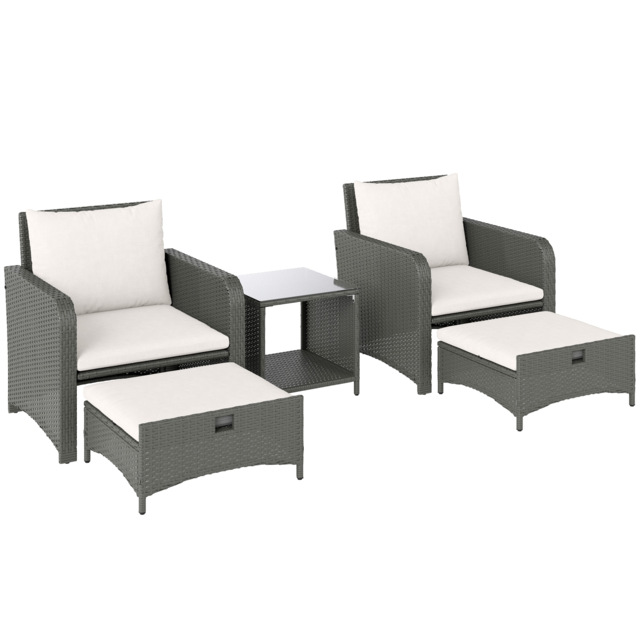 Outsunny Five Piece Rattan Garden Furniture Set with 2-Tier Coffee Table and Ottomans  - Cream White - image 1