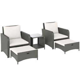 Outsunny Five Piece Rattan Garden Furniture Set with 2-Tier Coffee Table and Ottomans  - Cream White - thumbnail 1