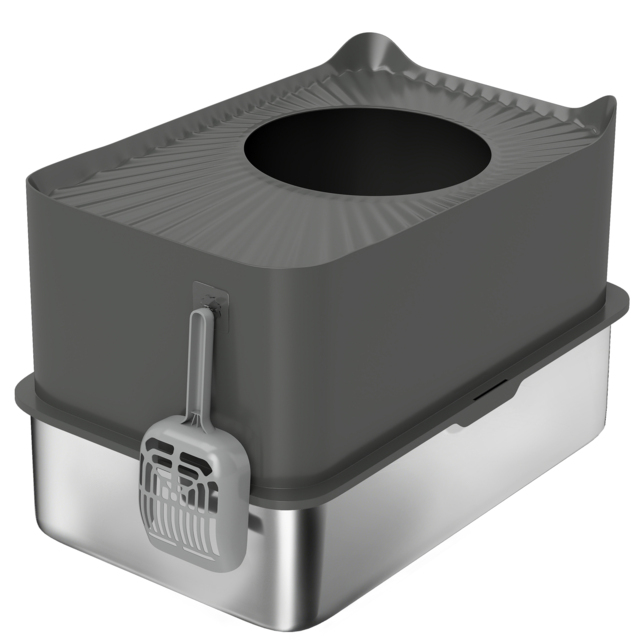 PawHut Stainless Steel Cat Litter Tray, Extra Large Enclosed Litter Box with Scoop, Top Entrance, Non-slip Pads, Dark Grey - image 1