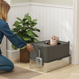 PawHut Stainless Steel Cat Litter Tray, Extra Large Enclosed Litter Box with Scoop, Top Entrance, Non-slip Pads, Dark Grey - thumbnail 2