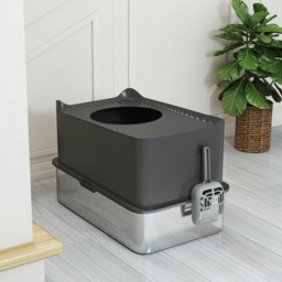PawHut Stainless Steel Cat Litter Tray, Extra Large Enclosed Litter Box with Scoop, Top Entrance, Non-slip Pads, Dark Grey - thumbnail 9