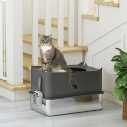 PawHut Stainless Steel Cat Litter Tray, Extra Large Enclosed Litter Box with Scoop, Top Entrance, Non-slip Pads, Dark Grey - thumbnail 8