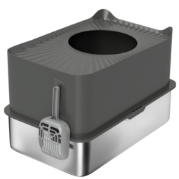 PawHut Stainless Steel Cat Litter Tray, Extra Large Enclosed Litter Box with Scoop, Top Entrance, Non-slip Pads, Dark Grey