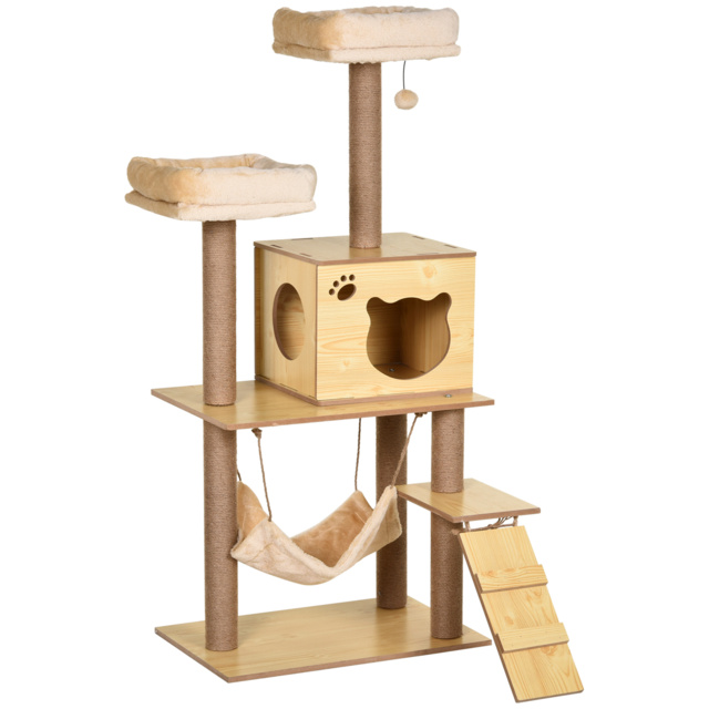 PawHut 130cm Cat Tree for Indoor Cats, Multi-Level Plush Cat Tower, with Five Scratching Posts, Two Perches, Cat House, Hammock - image 1