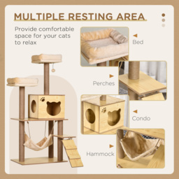 PawHut 130cm Cat Tree for Indoor Cats, Multi-Level Plush Cat Tower, with Five Scratching Posts, Two Perches, Cat House, Hammock - thumbnail 4