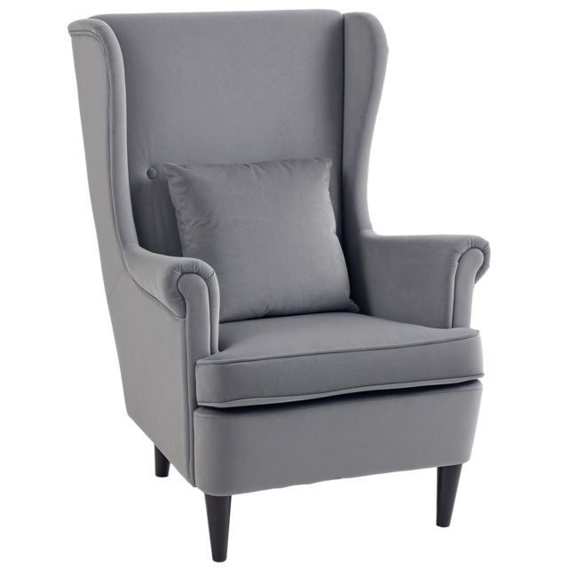 HOMCOM Velvet Armchair, Upholstered Wingback Armchair with High Backrest and Pillow, Fabric Reading Chair with Solid Wood Legs, Dark Grey - Aosom UK - image 1