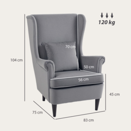 HOMCOM Velvet Armchair, Upholstered Wingback Armchair with High Backrest and Pillow, Fabric Reading Chair with Solid Wood Legs, Dark Grey - Aosom UK - thumbnail 3