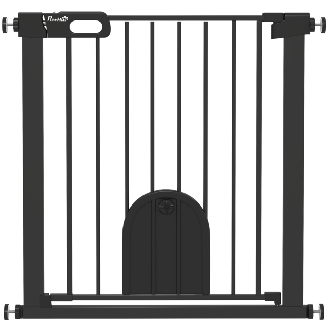 PawHut 75-82 cm Pet Safety Gate Barrier, Stair Pressure Fit, w/ Small Door, Auto Close, Double Locking, for Doorways, Hallways, Black - Aosom UK - image 1