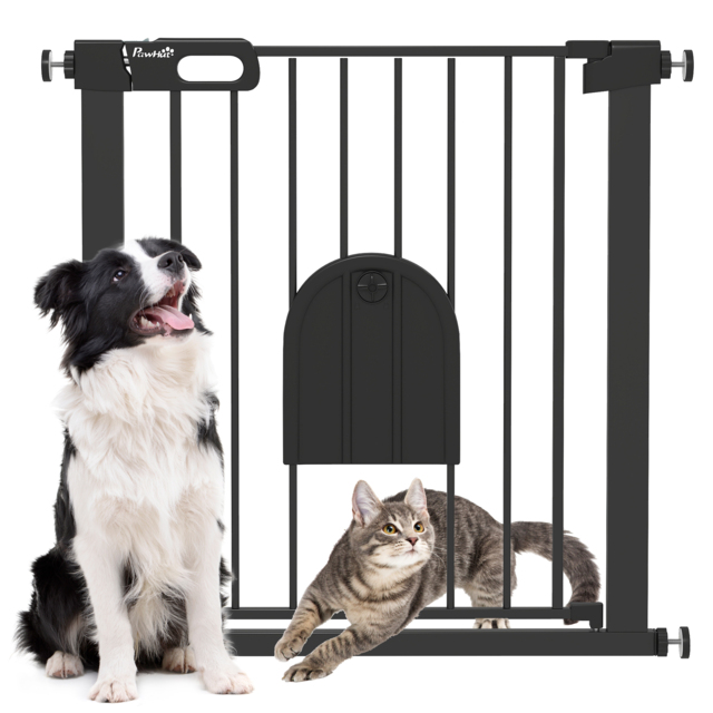 PawHut 75-82 cm Pet Safety Gate Barrier, Stair Pressure Fit, w/ Small Door, Auto Close, Double Locking, for Doorways, Hallways, Black - Aosom UK - image 1