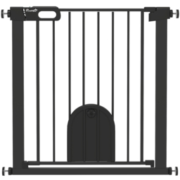 PawHut 75-82 cm Pet Safety Gate Barrier, Stair Pressure Fit, w/ Small Door, Auto Close, Double Locking, for Doorways, Hallways, Black - Aosom UK - thumbnail 1