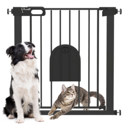 PawHut 75-82 cm Pet Safety Gate Barrier, Stair Pressure Fit, w/ Small Door, Auto Close, Double Locking, for Doorways, Hallways, Black - Aosom UK - thumbnail 1