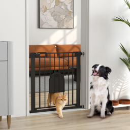 PawHut 75-82 cm Pet Safety Gate Barrier, Stair Pressure Fit, w/ Small Door, Auto Close, Double Locking, for Doorways, Hallways, Black - Aosom UK - thumbnail 2