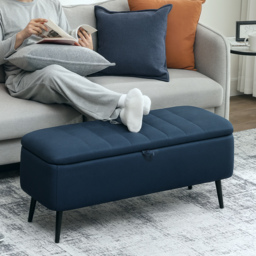 HOMCOM 92 x 31cm Linen-Look Storage Ottoman - Dark Blue - thumbnail 2