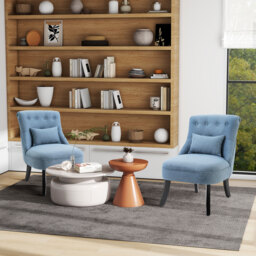 HOMCOM Fabric Single Sofa Dining Chair Tub Chair Upholstered W/ Pillow Solid Wood Leg Home Living Room Furniture Set of 2 Blue - thumbnail 2