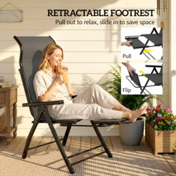 Outsunny Reclining Garden Chairs Set of 2, 5-Position Folding Sun Loungers with High Back, Retractable Footrest, Dark Grey - thumbnail 5