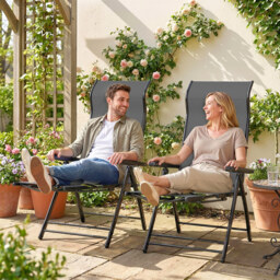 Outsunny Reclining Garden Chairs Set of 2, 5-Position Folding Sun Loungers with High Back, Retractable Footrest, Dark Grey - thumbnail 9