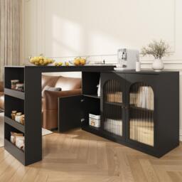 360° Rotating Kitchen Bar Table with Versatile Storage, Metal Handles, Dining Bar Cabinet with Glass Doors, 120L x 120W x 97H cm, Black - Aosom.UK