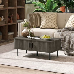 HOMCOM Coffee Table with Storage, Living Room Table with Slatted Tambour Sliding Doors and Foot Pads, Rectangular Coffee Table with Elevated Base for Living Room, Grey Wood-Effect - thumbnail 2