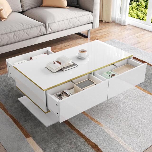 Modern LED Coffee Table with High-Gloss Finish and Gold Accents, Illuminated Unit with Drawers and Storage, 100L x 50W x 40H cm, White - Aosom UK - image 1