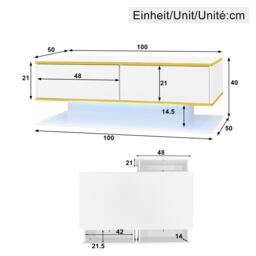 Modern LED Coffee Table with High-Gloss Finish and Gold Accents, Illuminated Unit with Drawers and Storage, 100L x 50W x 40H cm, White - Aosom UK - thumbnail 3