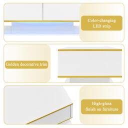 Modern LED Coffee Table with High-Gloss Finish and Gold Accents, Illuminated Unit with Drawers and Storage, 100L x 50W x 40H cm, White - Aosom UK - thumbnail 6