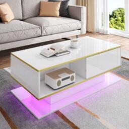 Modern LED Coffee Table with High-Gloss Finish and Gold Accents, Illuminated Unit with Drawers and Storage, 100L x 50W x 40H cm, White - Aosom UK - thumbnail 9