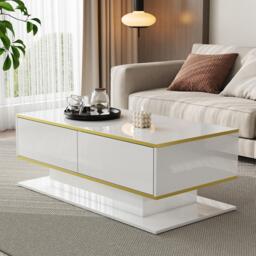 Modern LED Coffee Table with High-Gloss Finish and Gold Accents, Illuminated Unit with Drawers and Storage, 100L x 50W x 40H cm, White - Aosom UK - thumbnail 7