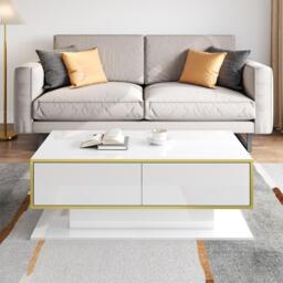 Modern LED Coffee Table with High-Gloss Finish and Gold Accents, Illuminated Unit with Drawers and Storage, 100L x 50W x 40H cm, White - Aosom UK - thumbnail 8