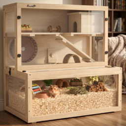 PawHut Wooden Hamster Cage with Hut, Wheel, Ramps, Removable Viewing Panels, 80 x 50 x 84 cm, Natural - thumbnail 9