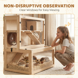PawHut Wooden Hamster Cage with Hut, Wheel, Ramps, Removable Viewing Panels, 80 x 50 x 84 cm, Natural - thumbnail 6