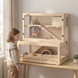 PawHut Wooden Hamster Cage with Hut, Wheel, Ramps, Removable Viewing Panels, 80 x 50 x 84 cm, Natural - thumbnail 2