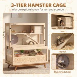 PawHut Wooden Hamster Cage with Hut, Wheel, Ramps, Removable Viewing Panels, 80 x 50 x 84 cm, Natural - thumbnail 4