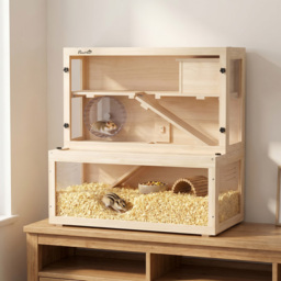 PawHut Wooden Hamster Cage with Hut, Wheel, Ramps, Removable Viewing Panels, 80 x 50 x 84 cm, Natural - thumbnail 8