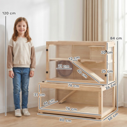 PawHut Wooden Hamster Cage with Hut, Wheel, Ramps, Removable Viewing Panels, 80 x 50 x 84 cm, Natural - thumbnail 3