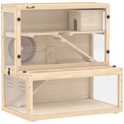 PawHut Wooden Hamster Cage with Hut, Wheel, Ramps, Removable Viewing Panels, 80 x 50 x 84 cm, Natural - thumbnail 1