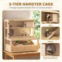 PawHut Wooden Hamster Cage with Hut, Wheel, Ramps, Removable Viewing Panels, 80 x 50 x 84 cm, Natural - thumbnail 4