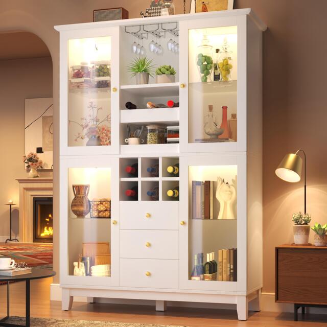 White Wine Cabinet with App-Controlled RGB LED Lighting, Adjustable-Dlass-Shelf Showcase with Wine Rack, 120L x 40W x 180.5H cm, White - Aosom UK - image 1