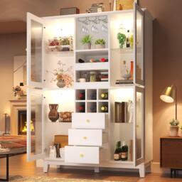 White Wine Cabinet with App-Controlled RGB LED Lighting, Adjustable-Dlass-Shelf Showcase with Wine Rack, 120L x 40W x 180.5H cm, White - Aosom UK - thumbnail 9