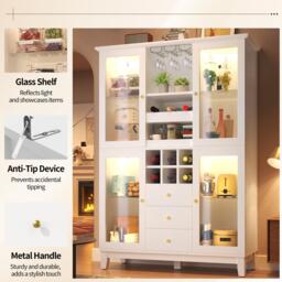 White Wine Cabinet with App-Controlled RGB LED Lighting, Adjustable-Dlass-Shelf Showcase with Wine Rack, 120L x 40W x 180.5H cm, White - Aosom UK - thumbnail 5