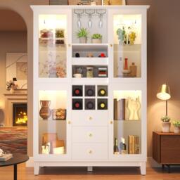 White Wine Cabinet with App-Controlled RGB LED Lighting, Adjustable-Dlass-Shelf Showcase with Wine Rack, 120L x 40W x 180.5H cm, White - Aosom UK - thumbnail 8