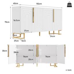 Stylish Sideboard with 2 Doors, 4 Shelves and Geometric Door Design, Durable Cabinet with Slim Metal Feet, 152L x 40W x 75H cm, White - Aosom UK - thumbnail 3