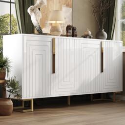 Stylish Sideboard with 2 Doors, 4 Shelves and Geometric Door Design, Durable Cabinet with Slim Metal Feet, 152L x 40W x 75H cm, White - Aosom UK - thumbnail 1