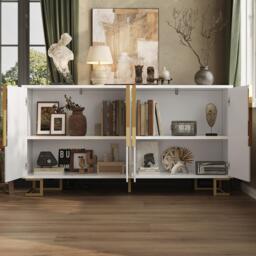 Stylish Sideboard with 2 Doors, 4 Shelves and Geometric Door Design, Durable Cabinet with Slim Metal Feet, 152L x 40W x 75H cm, White - Aosom UK - thumbnail 7