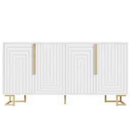Stylish Sideboard with 2 Doors, 4 Shelves and Geometric Door Design, Durable Cabinet with Slim Metal Feet, 152L x 40W x 75H cm, White - Aosom UK - thumbnail 2
